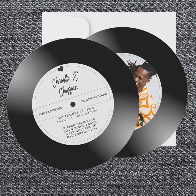 Retro Vinyl Record Photo Wedding Invitation (Retro Vinyl Record Photo Wedding Invitations from Ricaso. Fun novelty music themed invites)