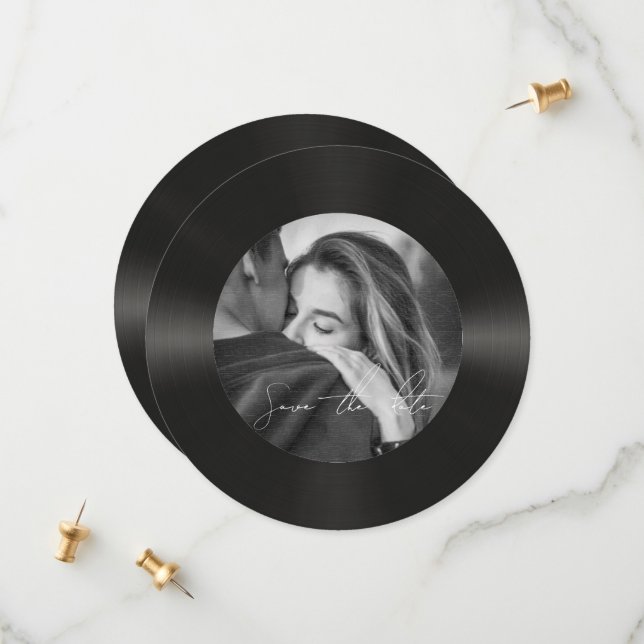 Retro vinyl record photo wedding  save the date (Front/Back In Situ)