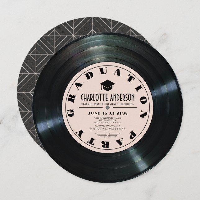 Retro Vinyl Record Pink Graduation Invitation (Front/Back)