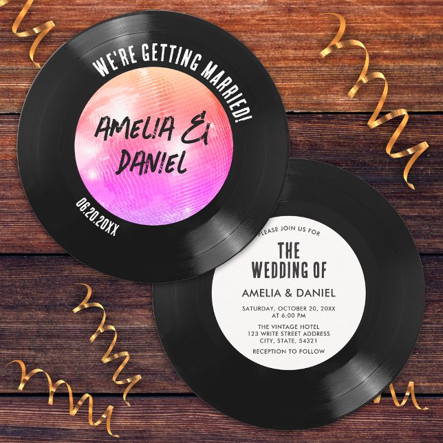 Retro Vinyl Record Pink Orange Disco Ball Wedding Invitation (Front/Back)