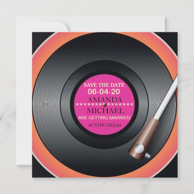 Retro Vinyl Record Player Save The Date Invitation (Front)