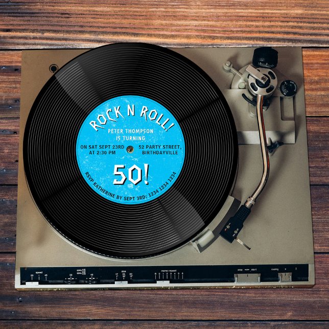 Retro Vinyl Record Rock N Roll Blue Birthday Invitation (Retro Vinyl Record Rock N Roll Blue Birthday Invitation)