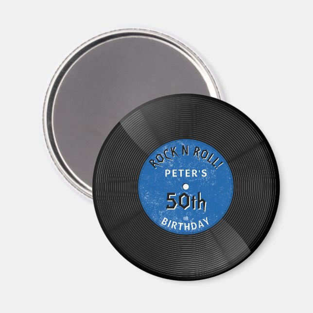 Retro Vinyl Record Rock N Roll Blue Birthday Magnet (Front/Back)