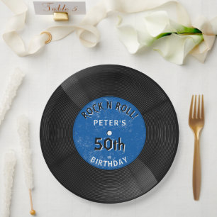 Retro Vinyl Record Rock N Roll Blue Birthday Paper Plate