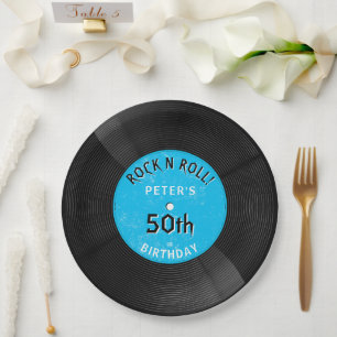 Retro Vinyl Record Rock N Roll Blue Birthday Paper Plate