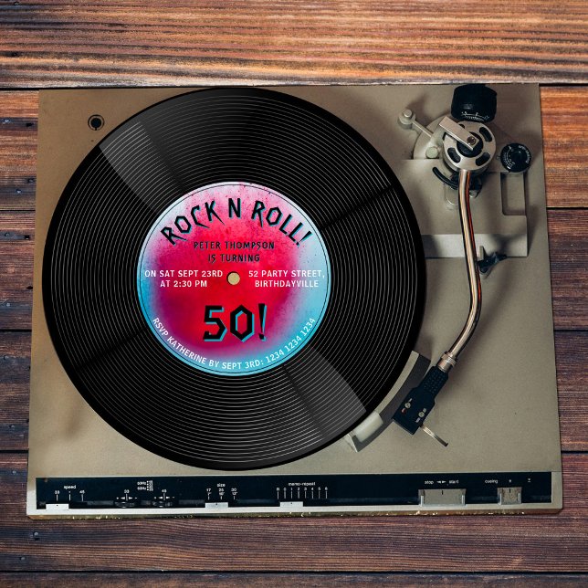 Retro Vinyl Record Rock N Roll Blue Red Birthday Invitation (Retro Vinyl Record Rock N Roll Blue Red Birthday Invitation)