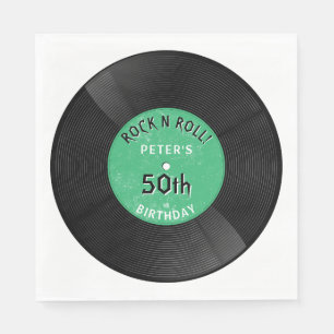 Retro Vinyl Record Rock N Roll Green Birthday Napkin