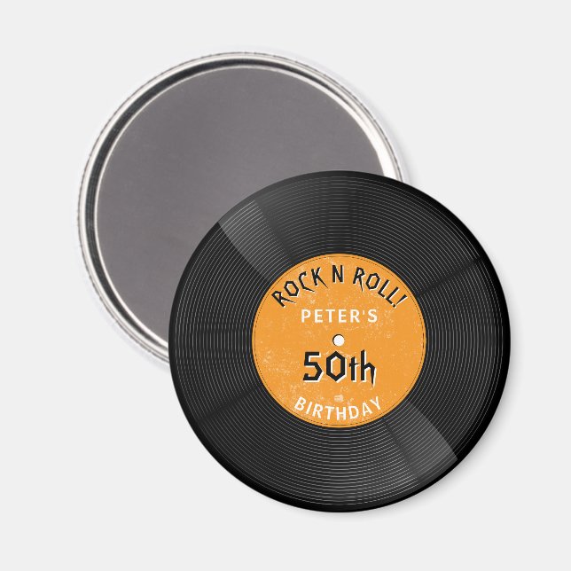 Retro Vinyl Record Rock N Roll Orange Birthday Magnet (Front/Back)
