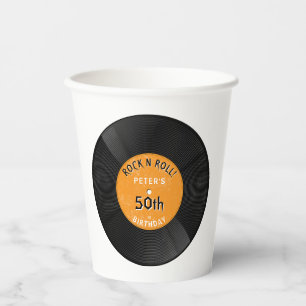Retro Vinyl Record Rock N Roll Orange Birthday Paper Cups