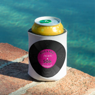 Retro Vinyl Record Rock N Roll Pink Birthday Can Cooler