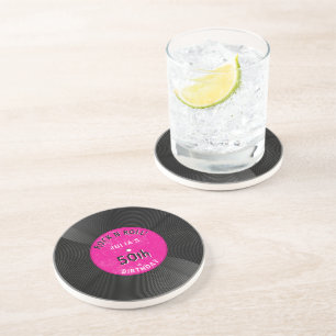 Retro Vinyl Record Rock N Roll Pink Birthday Coaster