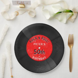 Retro Vinyl Record Rock N Roll Red Birthday Paper Plate