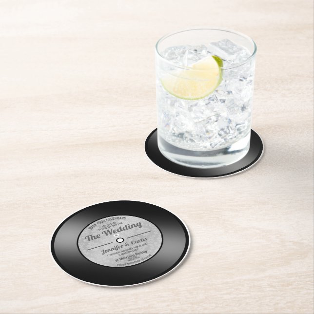Retro Vinyl Record Save the Date Announcements Round Paper Coaster (Insitu)
