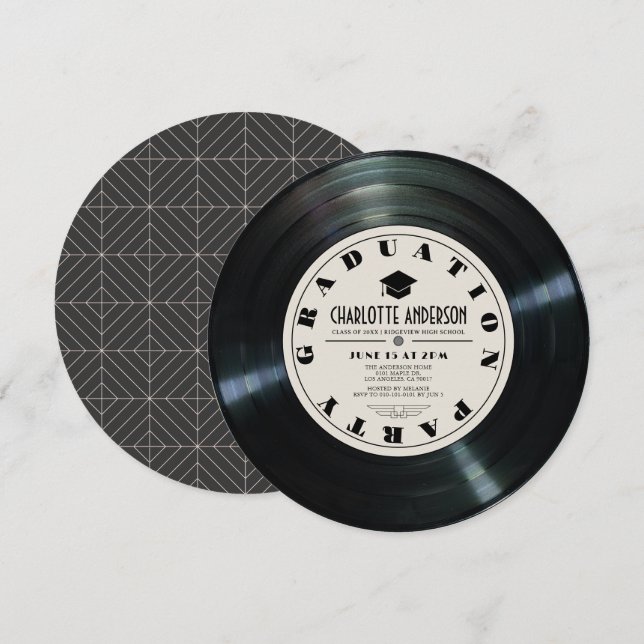 Retro Vinyl Record Tan Graduation Invitation (Front/Back)