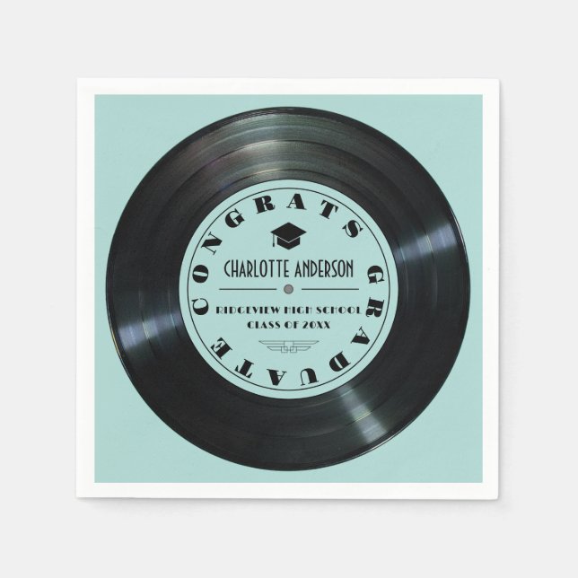 Retro Vinyl Record Turquoise Graduation Napkin (Front)