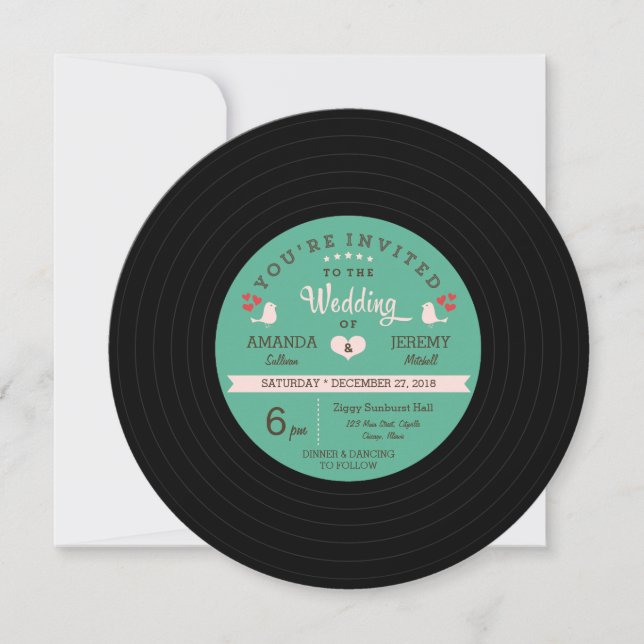 Retro Vinyl Record Wedding - Blush Pink Details Invitation (Front)