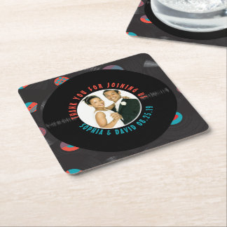 Retro Vinyl Record Wedding Favour Photo Thank You Square Paper Coaster