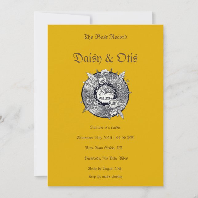 Retro Vinyl Record Wedding Invitation 70s Boho (Front)