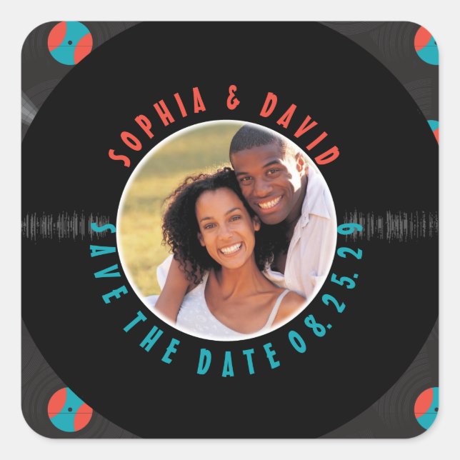 Retro Vinyl Record Wedding PHOTO SAVE THE DATE Square Sticker (Front)