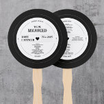 Retro Vinyl Record Wedding Program Hand Fan<br><div class="desc">Keep your guests cool and stylish with our personalised vinyl record hand fans. The unique design of these fans is shaped like a vinyl record and features your wedding program printed on the back. The fans are a functional and decorative addition to your wedding, and can be easily customised to...</div>