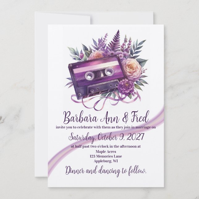 Retro Violet Vibes Cassette Tape Invitation Card (Front)