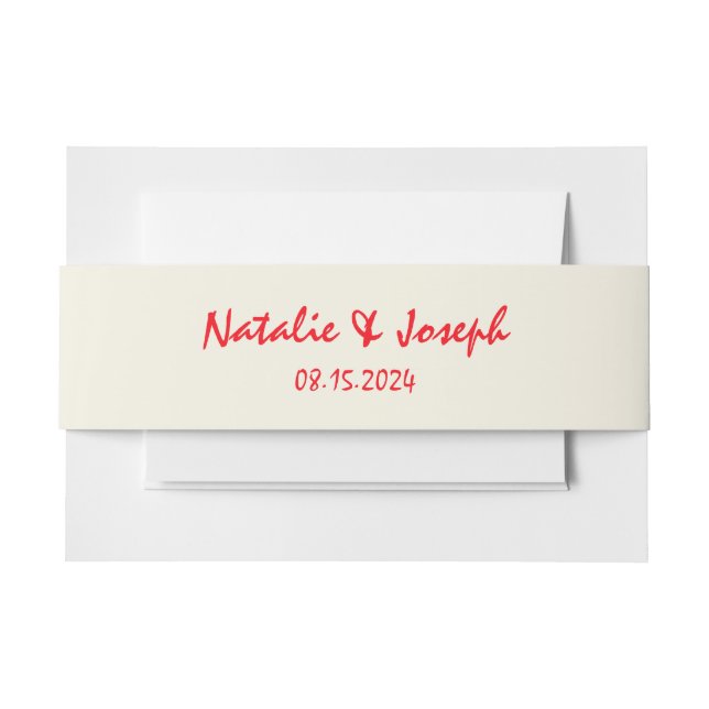 Retro Vivid Red Hand Written Bright Unique Wedding Invitation Belly Band (Front Example)