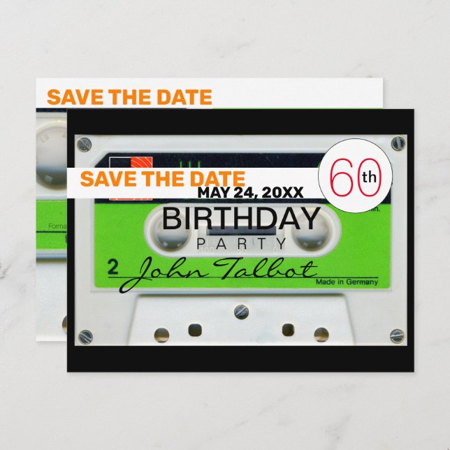 Retro W Audiotape 60th birthday Save The Date HHPC Holiday Postcard (Front/Back)