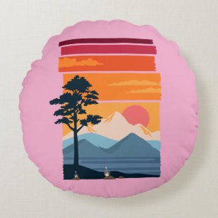 Retro Wanderlust Sunset Mountain Nature’s Beauty Round Cushion