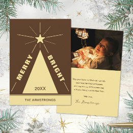 Retro Warm Brown Geometric Tree Photo Christmas Holiday Card