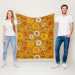 Retro Warm Tone Flower Mustard Floral Pattern Fleece Blanket