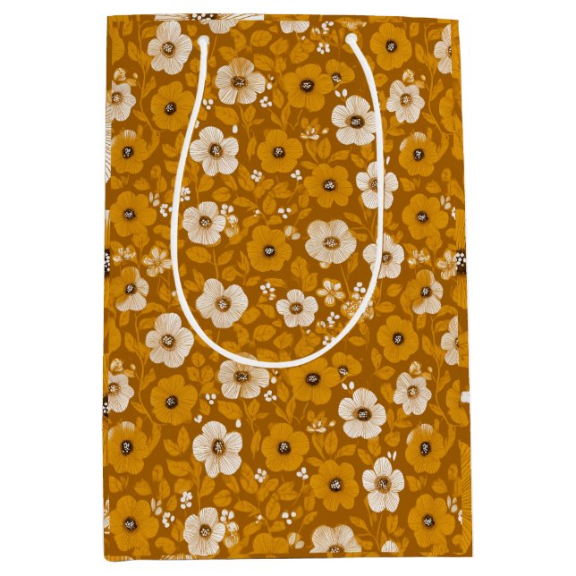 Retro Warm Tone Flower Mustard Floral Pattern Medium Gift Bag (Front)