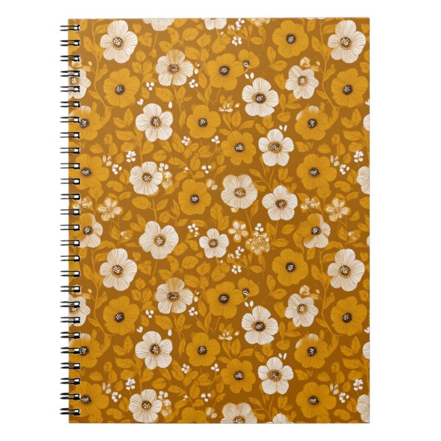 Retro Warm Tone Flower Mustard Floral Pattern Notebook (Front)