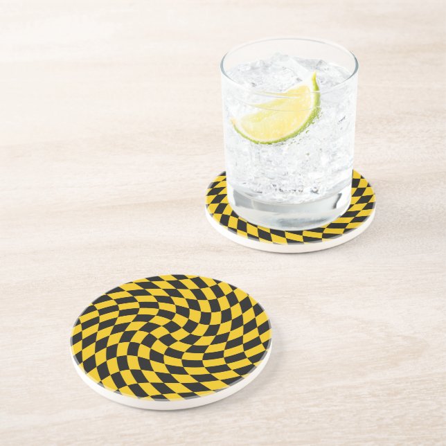 Retro Warped Black Yellow Checks Chequered  Coaster (Side)