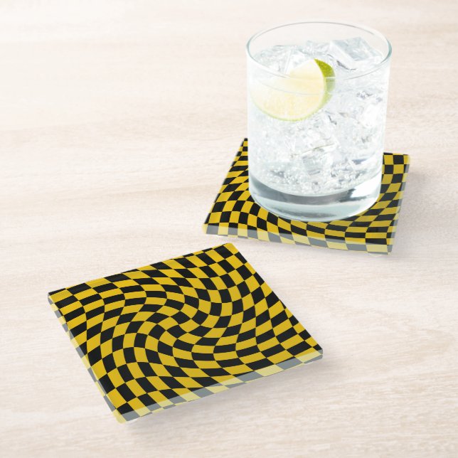 Retro Warped Black Yellow Checks Chequered Glass Coaster (Angled)