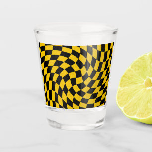 Retro Warped Black Yellow Checks Chequered  Shot Glass
