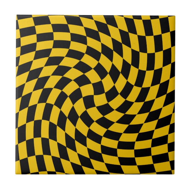 Retro Warped Black Yellow Checks Chequered  Tile (Front)
