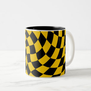 Retro Warped Black Yellow Checks Chequered  Two-Tone Coffee Mug