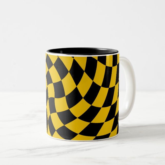 Retro Warped Black Yellow Checks Chequered  Two-Tone Coffee Mug (Front Right)