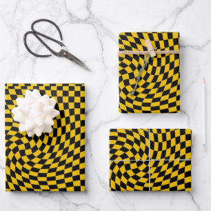 Retro Warped Black Yellow Checks Chequered  Wrapping Paper Sheet
