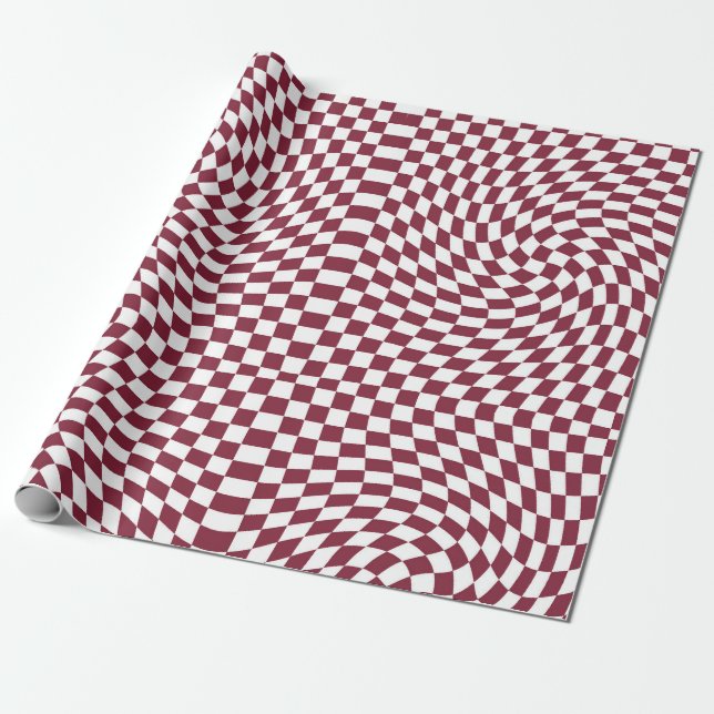 Retro Warped Burgundy White Checks Chequered   Wrapping Paper (Unrolled)