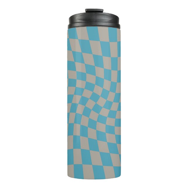 Retro Warped Grey Blue Check Checks Chequered  Thermal Tumbler (Front)