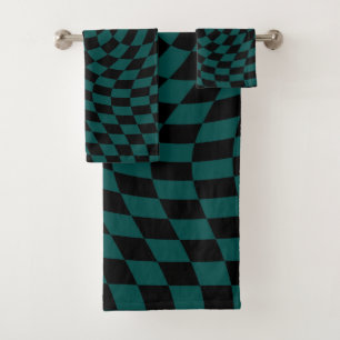 Retro Warped Jungle Green Black Checks Checkered  Bath Towel Set