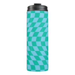 Retro Warped Pastel Blue Checks Chequered  Thermal Tumbler