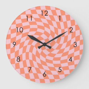 Retro Warped Pastel Coral Pink Checks Chequered    Large Clock