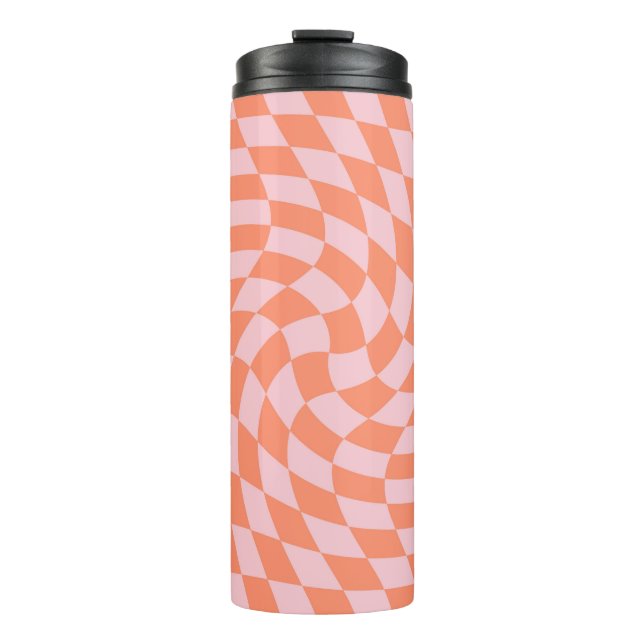 Retro Warped Pastel Coral Pink Checks Chequered   Thermal Tumbler (Front)