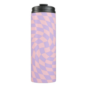 Retro Warped Pastel Lilac Pink Checks Chequered  Thermal Tumbler