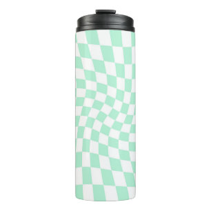 Retro Warped Pastel Mint Green Checks Chequered Thermal Tumbler