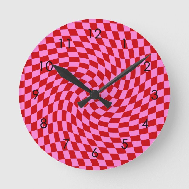 Retro Warped Red Pink Checks Chequered      Round Clock (Front)