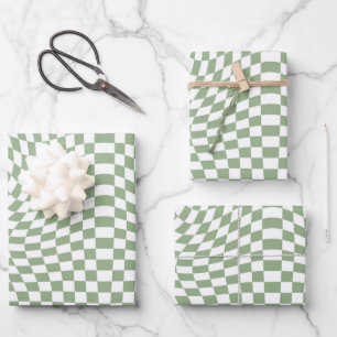 Retro Warped Sage Green White Checks Checkered  Wrapping Paper Sheet