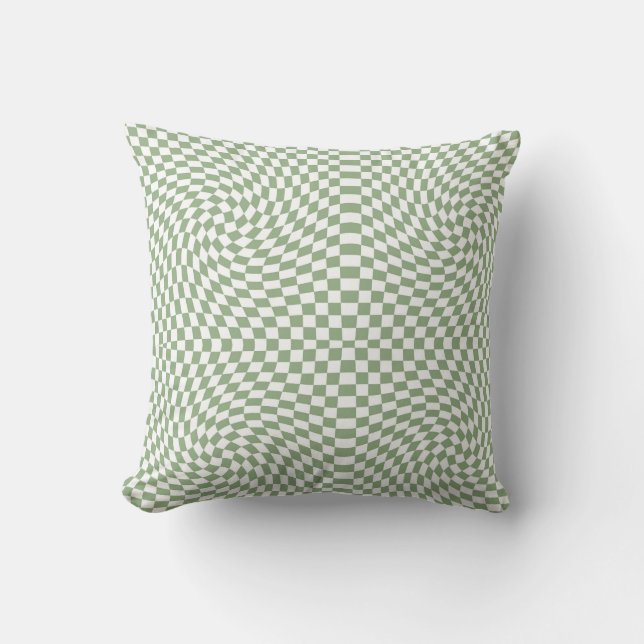 Retro Warped Sage Green White Checks Chequered  Cushion (Front)